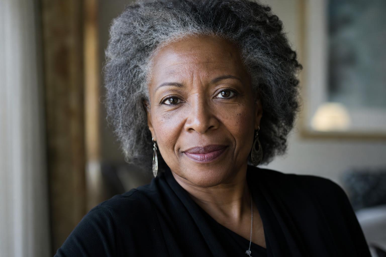 A Black woman in her sixties with silver-streaked hair, looking into the camera with warmth and wisdom